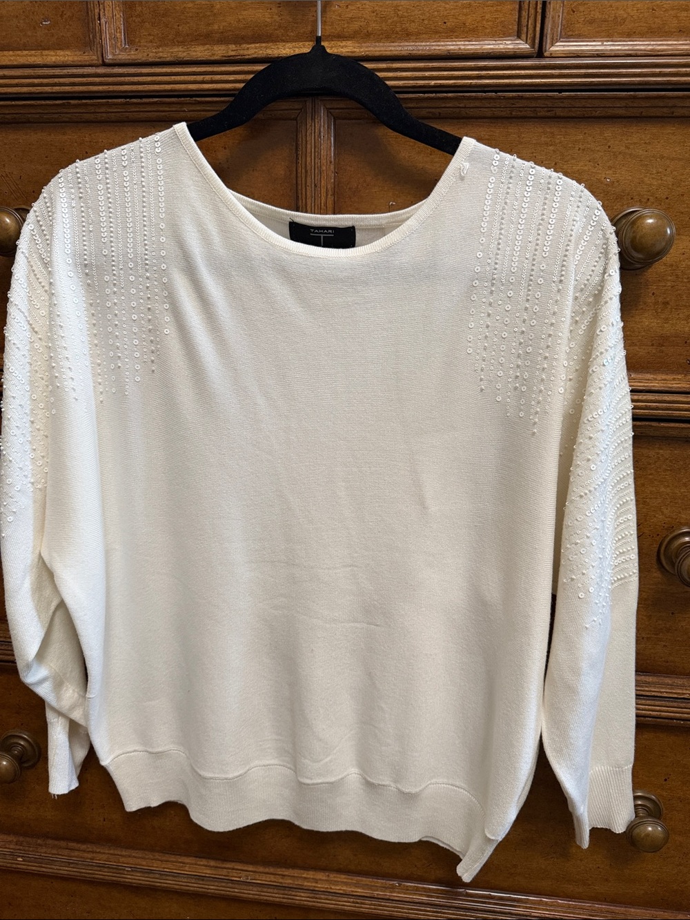 Tahari Ivory Crewneck Sweater with Shoulder Beading